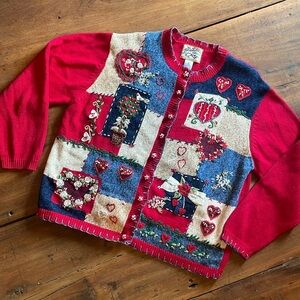 Beaded Embroidery Embellished Ramie Holiday Cardigan Y2K 2003 Novelty Sweater